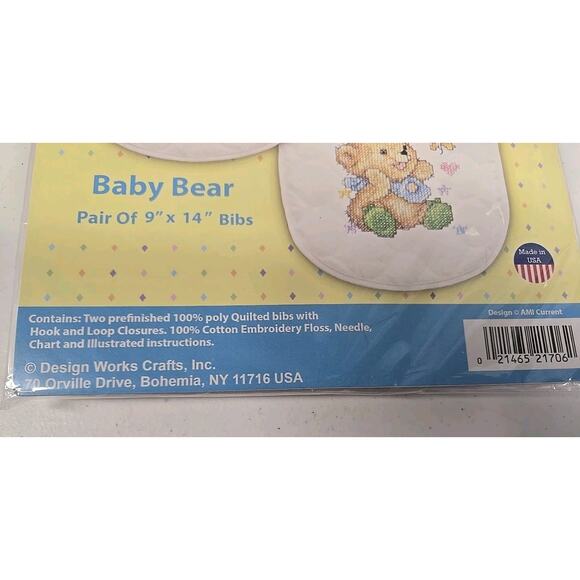 Design Works Baby Bear Stamped Bib Cross Stitch Kit Pair USA MADE New - Picture 4 of 5